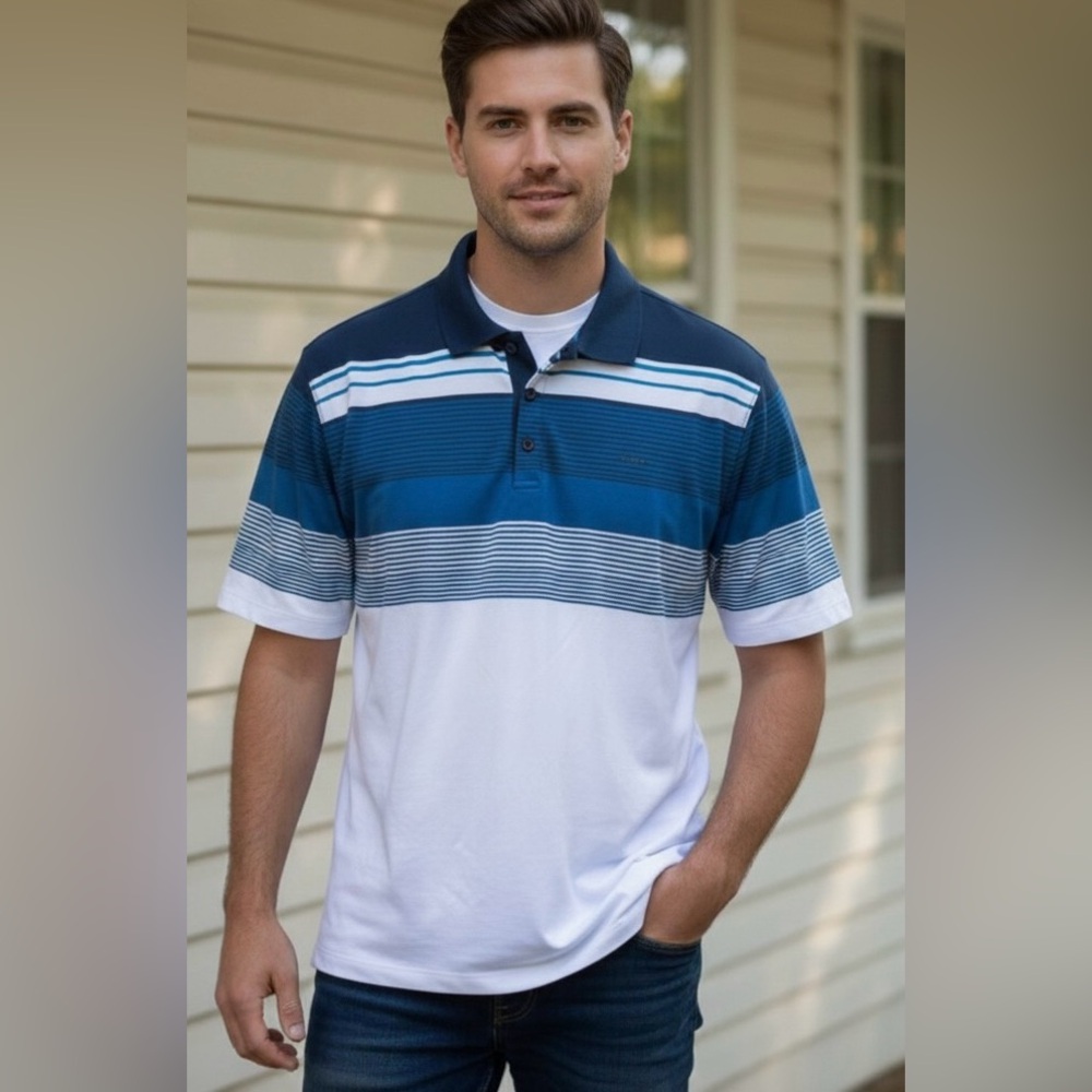 Calvin Klein Liquid Cotton White & Blue Stripes Polo Shirt, Size XL/TG